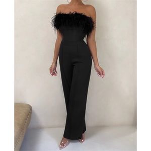 BLACK BANDEAU FEATHER WIDE LEG JUMPSUIT By: Club L London